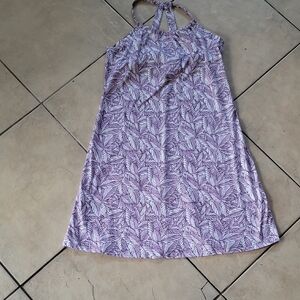 Eddie Bauer Purple Leaf print Cross strap Halter Sundress Dress SZ M